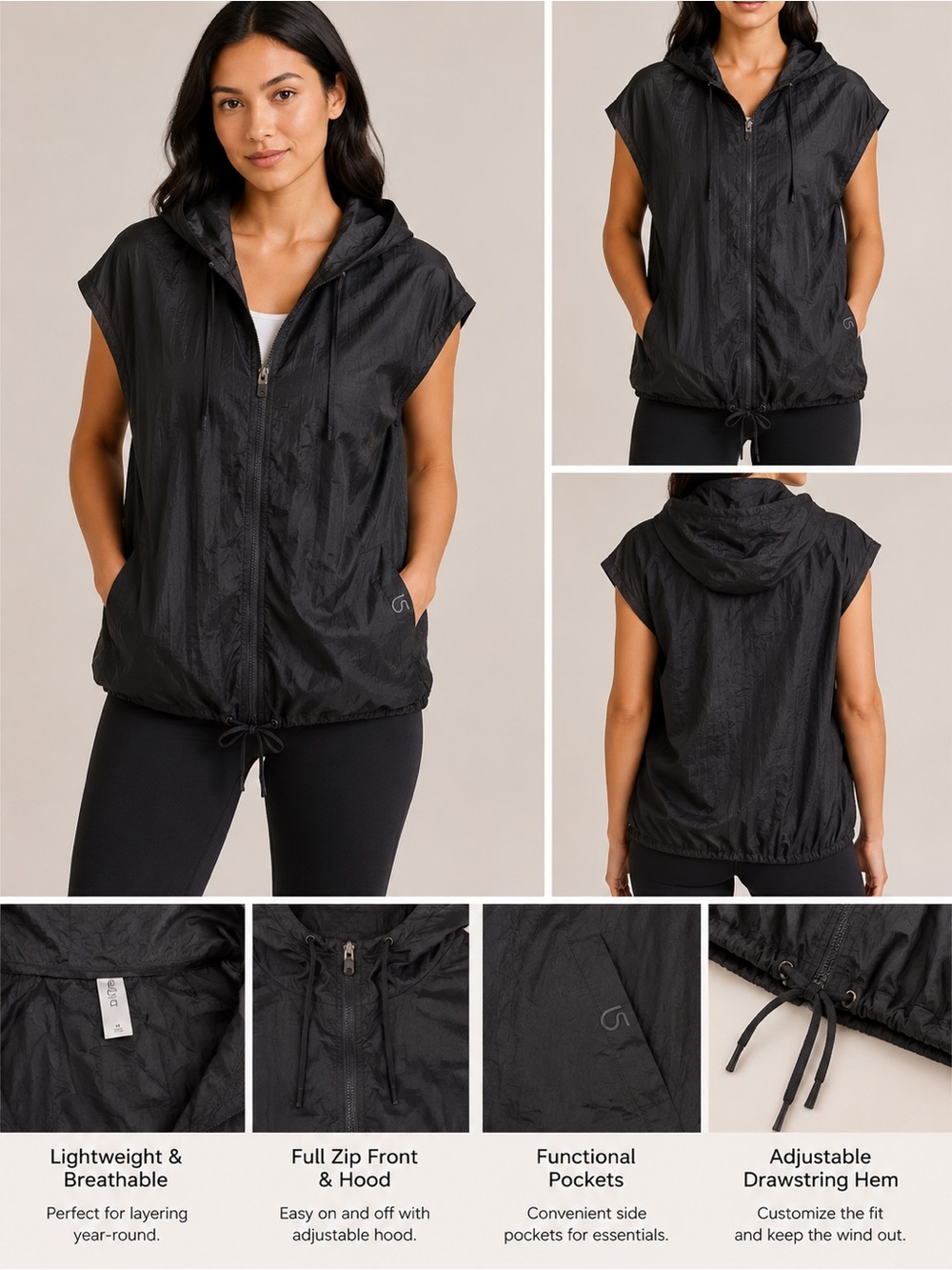 GapBody Fit Lightweight Hooded Sleeveless Zip Vest Black Women’s Medium NWT